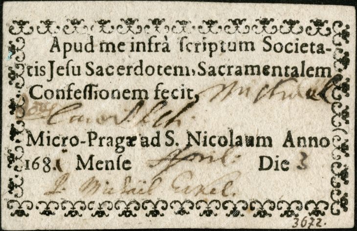 Zpovědní cedule, potvrzení o vykonané velikonoční zpovědi, od jezuitů, z kostela sv. Mikuláše na Malé Straně, Praha, papír, tisk, 1686, MMP H 3.672
