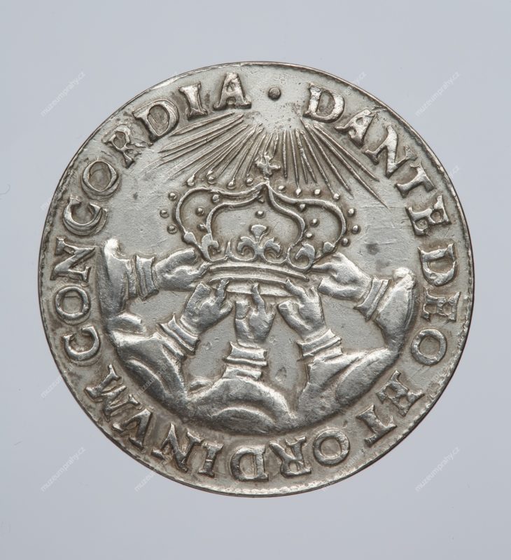 Korunovační peníz větší na pražskou korunovaci Fridricha Falckého, Praha, Johann Konrad Greuter, stříbro, 1619, MMP H 9.303