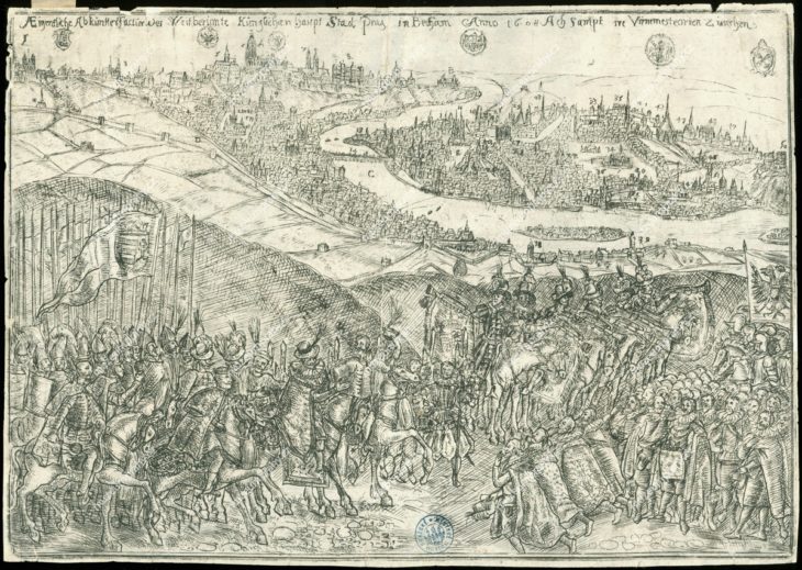 Příjezd arciknížete Matyáše do Prahy v červnu roku 1608, ryl a vydal Wilhelm Peter Zimmermann?, lept, 1608?, MMP H 1.914