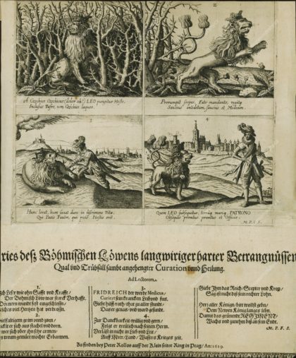 Alegorie osudů českého království v roce 1619, politický leták, mědiryt, vydavatel: Peter Rollos, 1619, MMP H 10.479