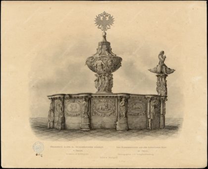 Krocínova kašna na Staroměstském náměstí v Praze, vydal Kober a Markgraf, Praha, papír, tisk, kolem 1860, MMP H 4.261/a